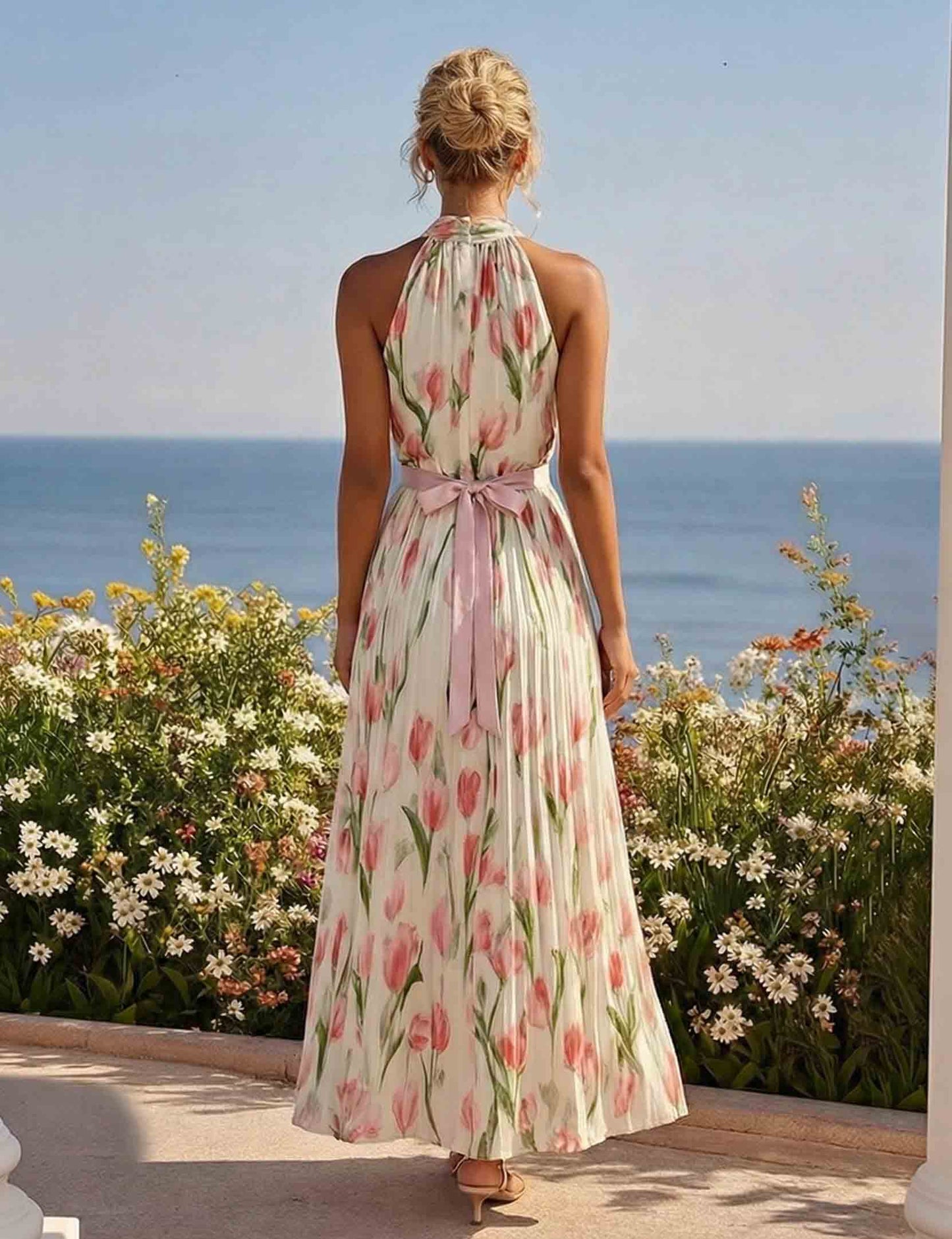 Elegant Tulip Chiffon Print Backless Maxi Dress