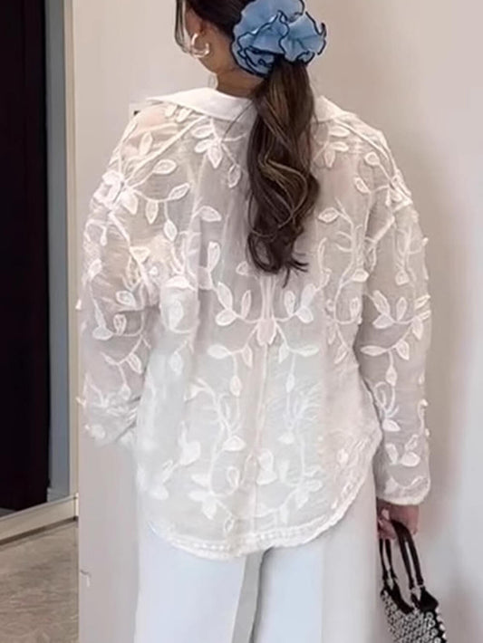 Exquisite Lapel Long Sleeves Embroidered Loose Top