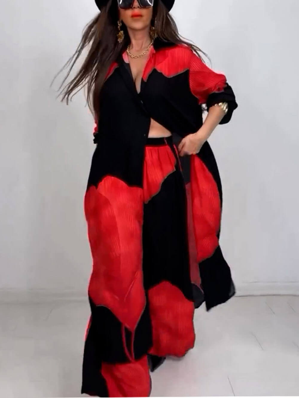 Elegant Loose Printed Midi Top Wide Leg Pants Set Black