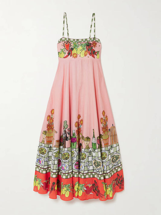 Unique Print Off-Shoulder Linen Midi Dress