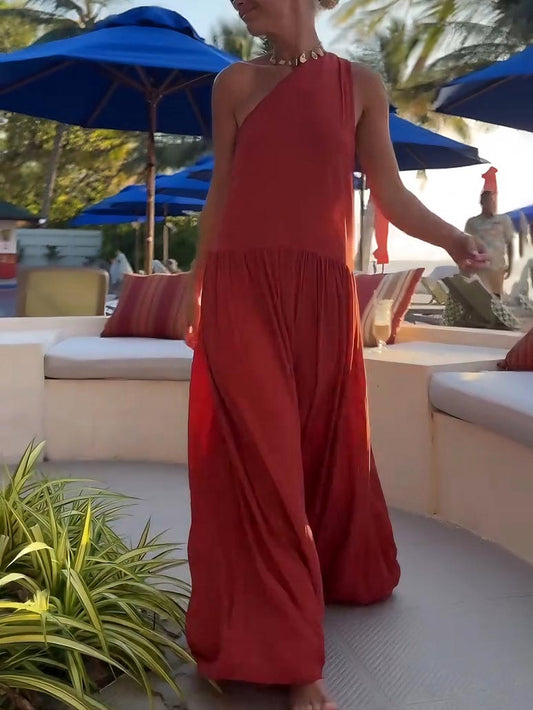 Casual One-shoulder Neckline Low-waist Pleated Maxi Dress