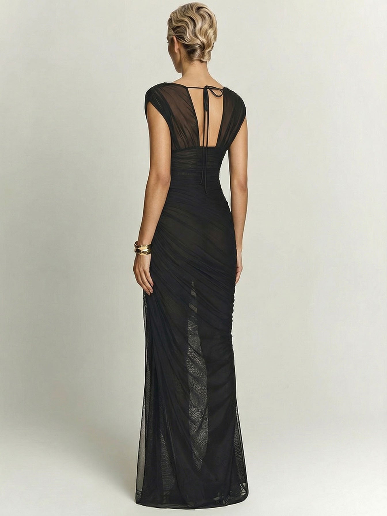 Elegant Sheer Mesh Ruched Deep V-Neck Maxi Dress