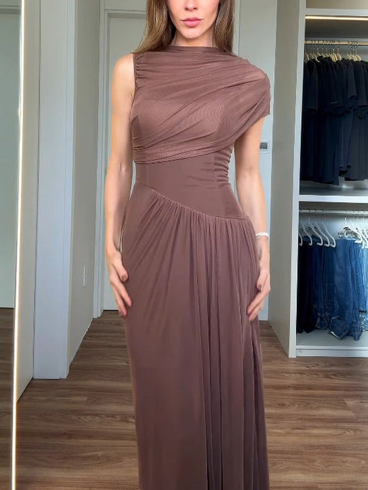 Elegant Asymmetrical Pleated Mesh Short-sleeved Maxi Dress