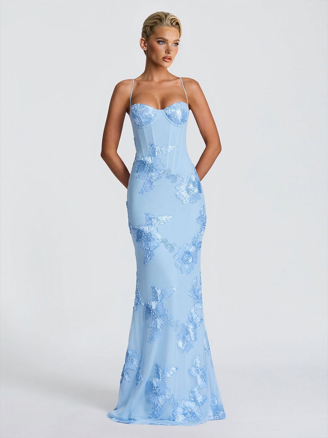 Elegant Floral Embroidered Spaghetti Strap Mermaid Maxi Dress Blue
