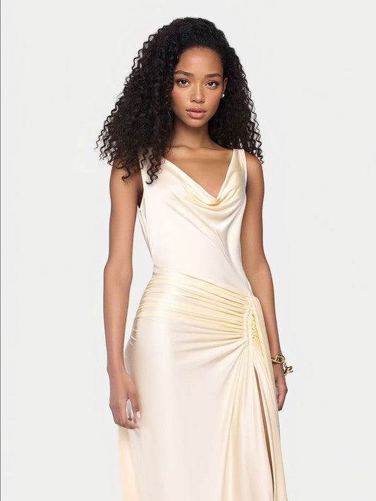 Elegant Draped Neck Satin Maxi Dress