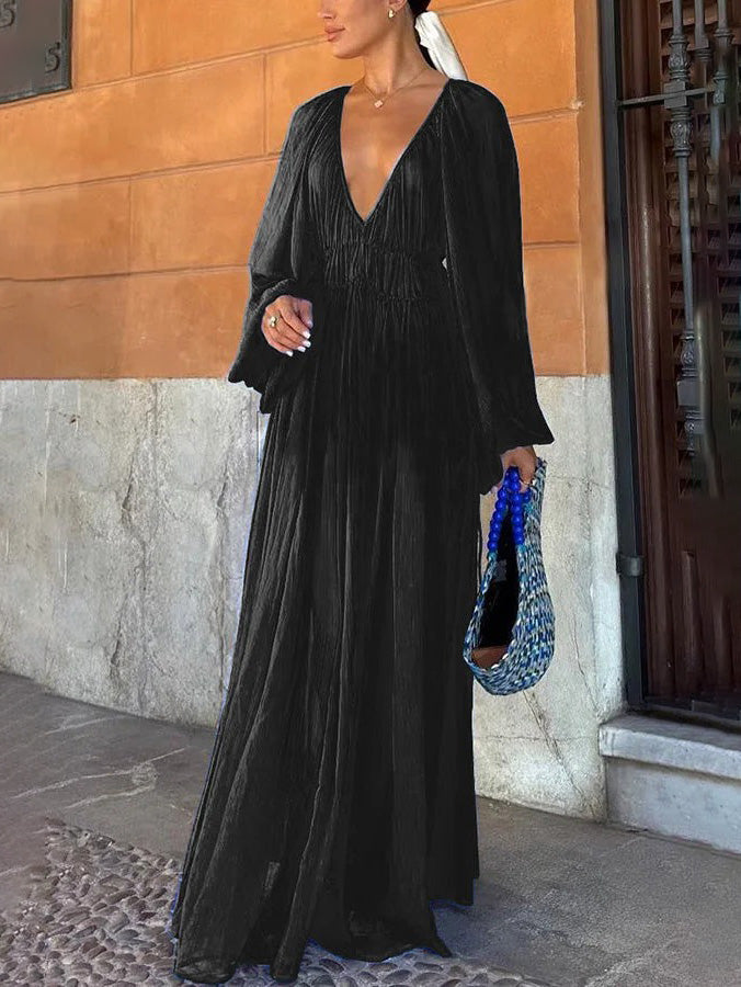 Elegant V-neck Chiffon Waist Pleated Maxi Dress Black