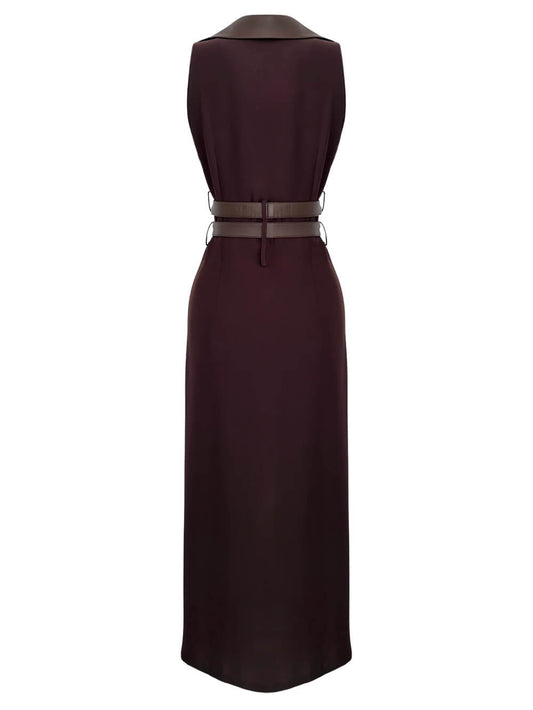 Retro Fashion Brown Lace-Up Zipper Maxi Dress