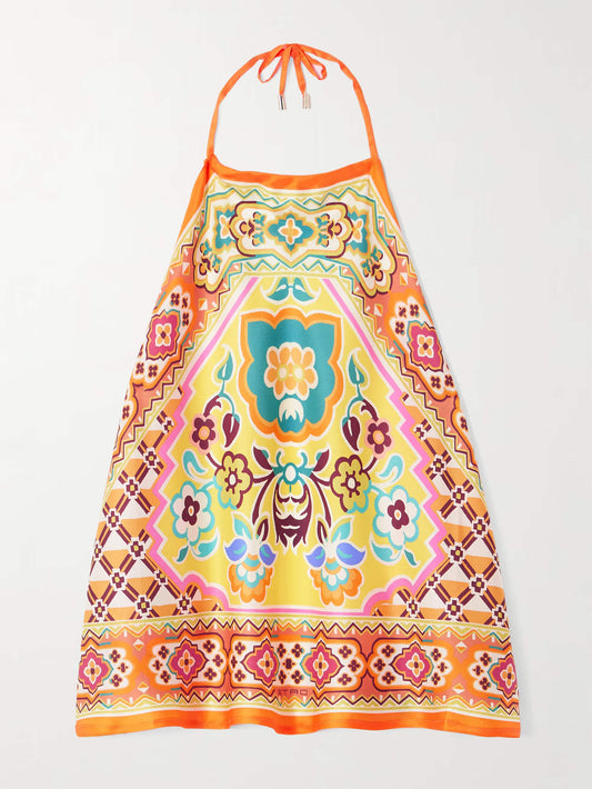 Ethnic Print Satin Halterneck Top And Shorts Set