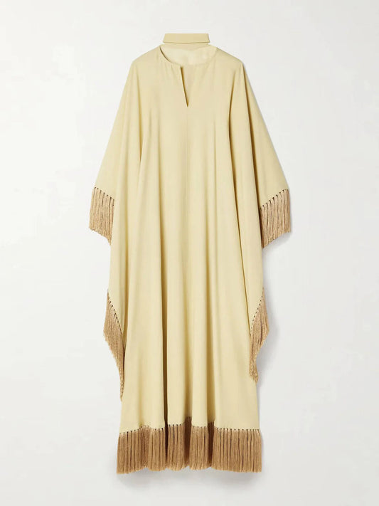 Elegant Fringed Satin Robe Maxi Dress