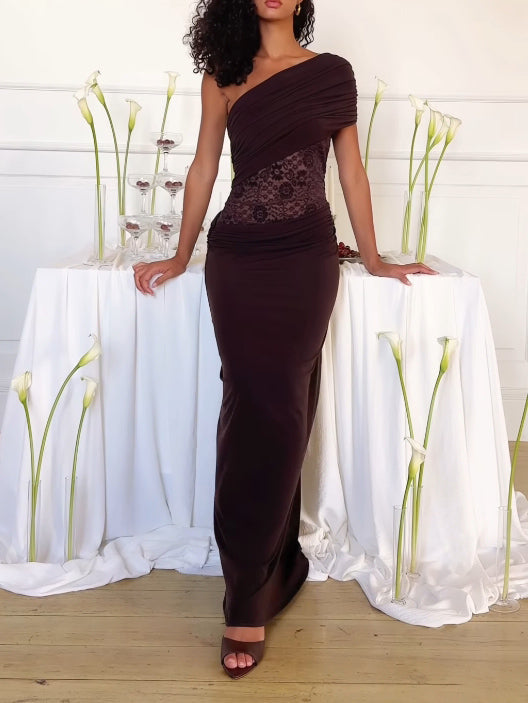 Sexy One-Shoulder Lace Panel Pleated Maxi Dress