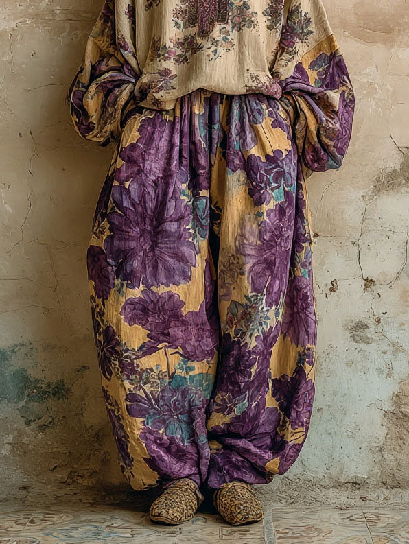 Retro Floral Embroidered Top & Wide-Leg Pants Two-Piece Set Multi Pants