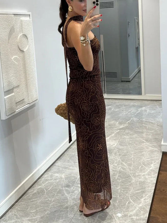 Elegant Mesh Floral Print Skirt Two-piece Set