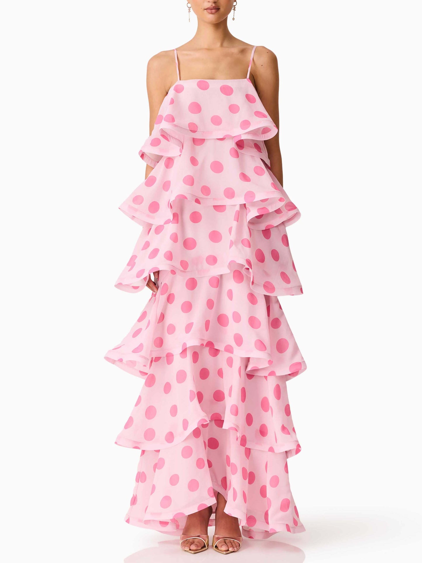 Elegant Polka Dot Tiered Ruffle Maxi Dress Pink