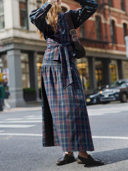 Retro Plaid Print Maxi Skirt Blue Set