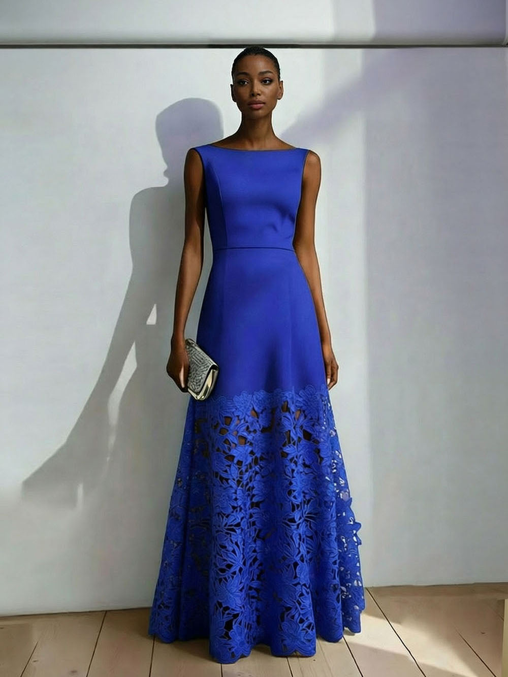 Elegant Lace Boat Neck Sleeveless Maxi Dress Dark Blue