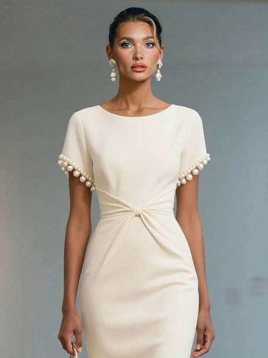 Elegant Pearl-Trim Short Sleeve Midi Dress