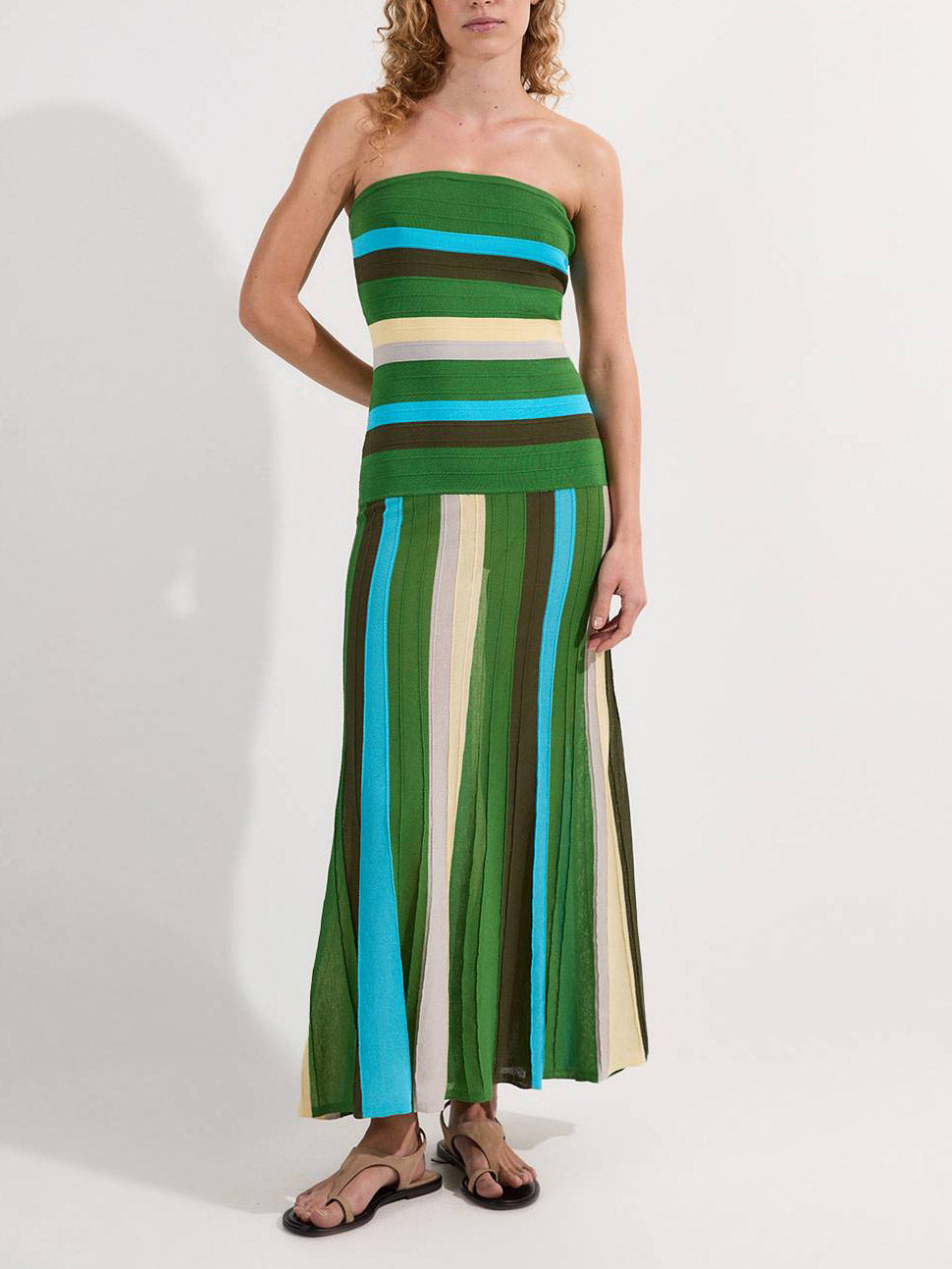 Strapless Striped Strapless Knit Maxi Dress Green
