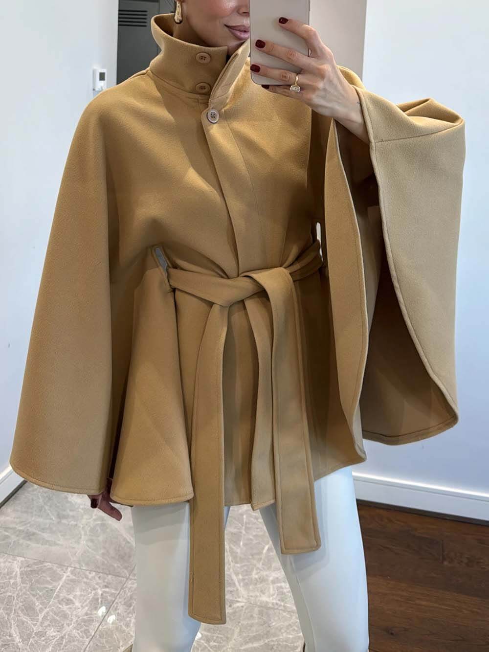 Elegant Classic Belted Cape Coat Camel
