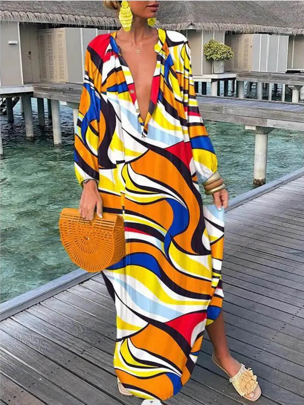 Bohemian V-Neck Printed Maxi Dress Yellow