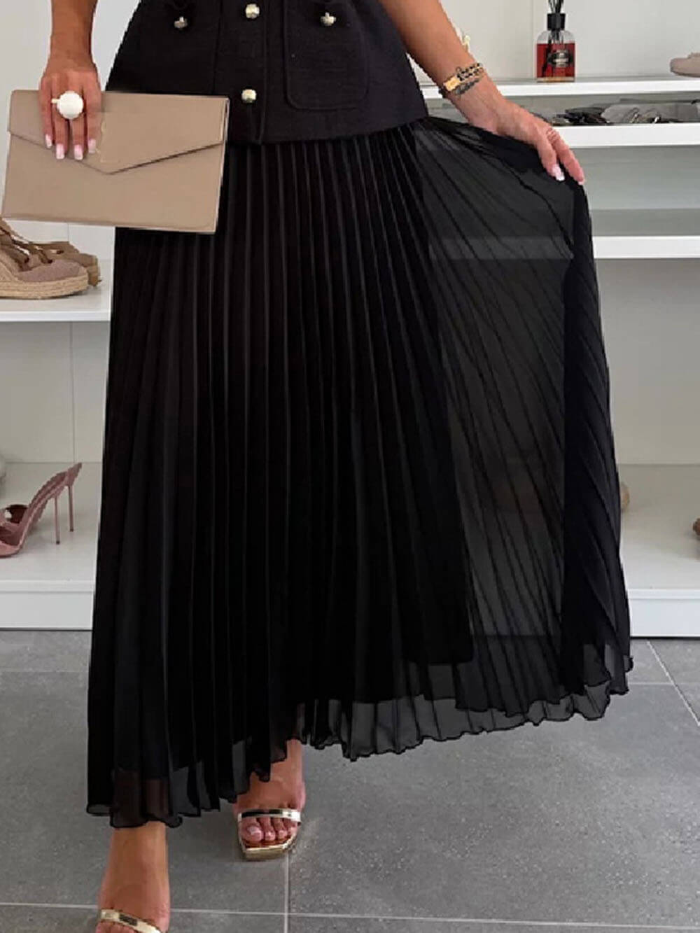 Exquisite And Beautiful Mesh Pleated Maxi Skirt Black