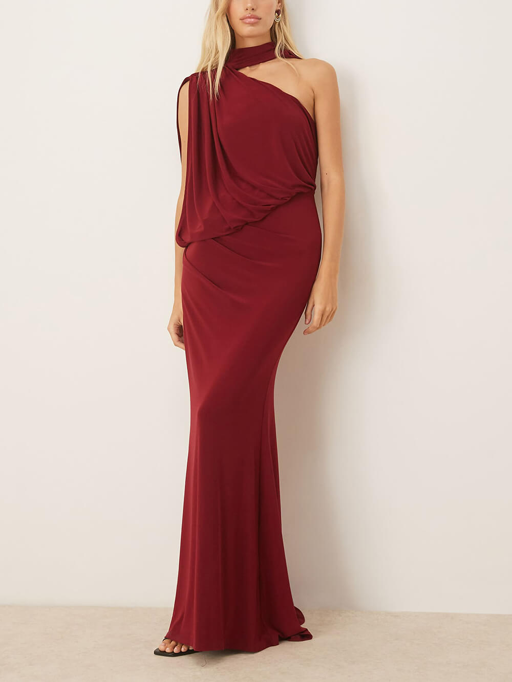 Exquisite One-Shoulder Draped Pleated Cape Maxi Dress Burgundy