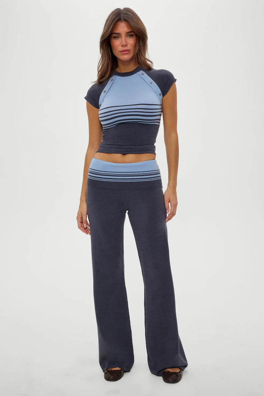 Retro Striped Button-Up Knit Shirt And Low-Rise Knit Pants Set