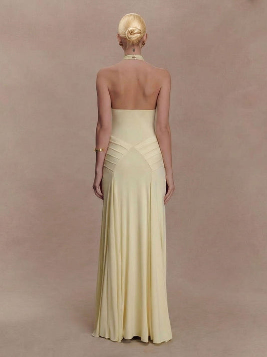 Elegant Pleated Fitted Backless Maxi Dress