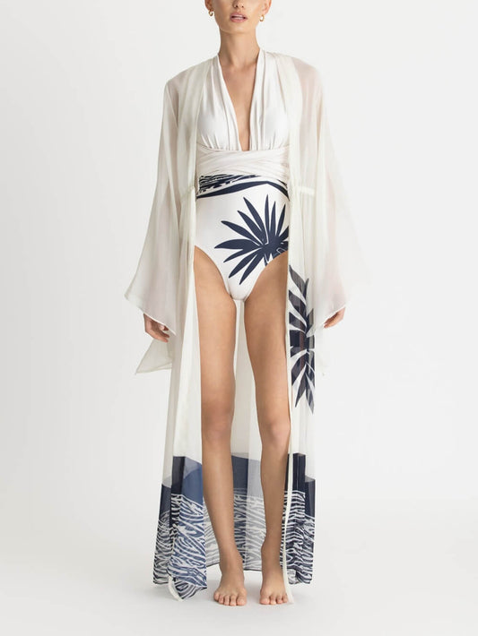 Sexy Kimono Palm Tree Print Beach Cover-Up