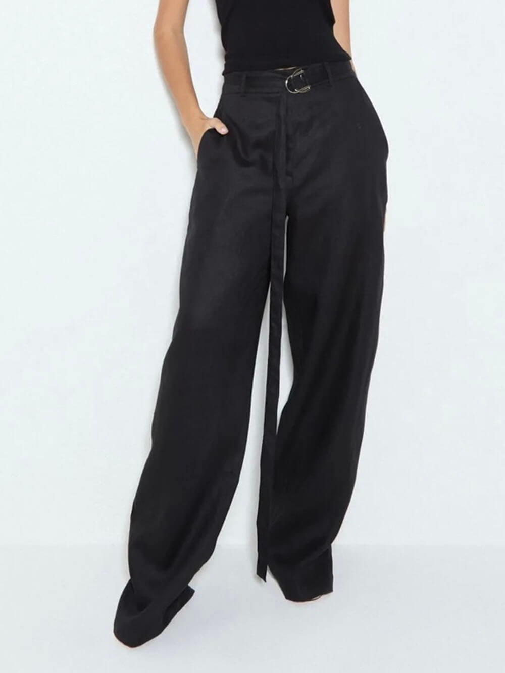 Exquisite Savina Linen Blend Pocketed Wide Leg Pants Black