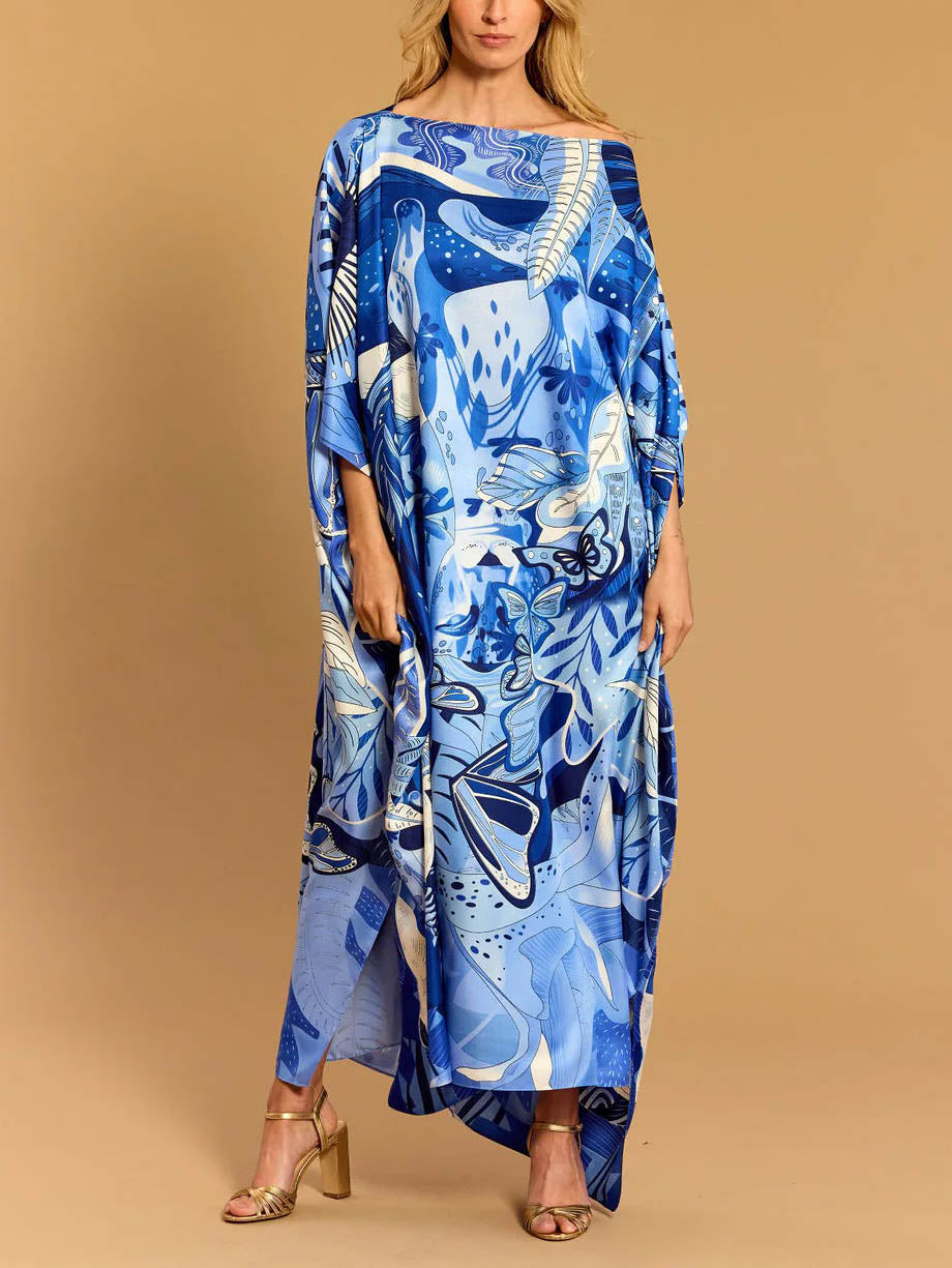 Elegant One-shoulder Satin Printed Maxi Dress Blue