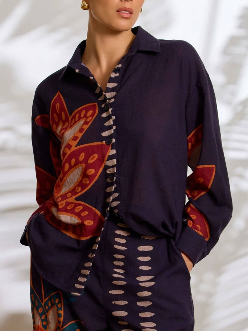 Exquisite Floral Print Linen Button-Up Top And Loose Pocket Pants Set Navy Blue Top