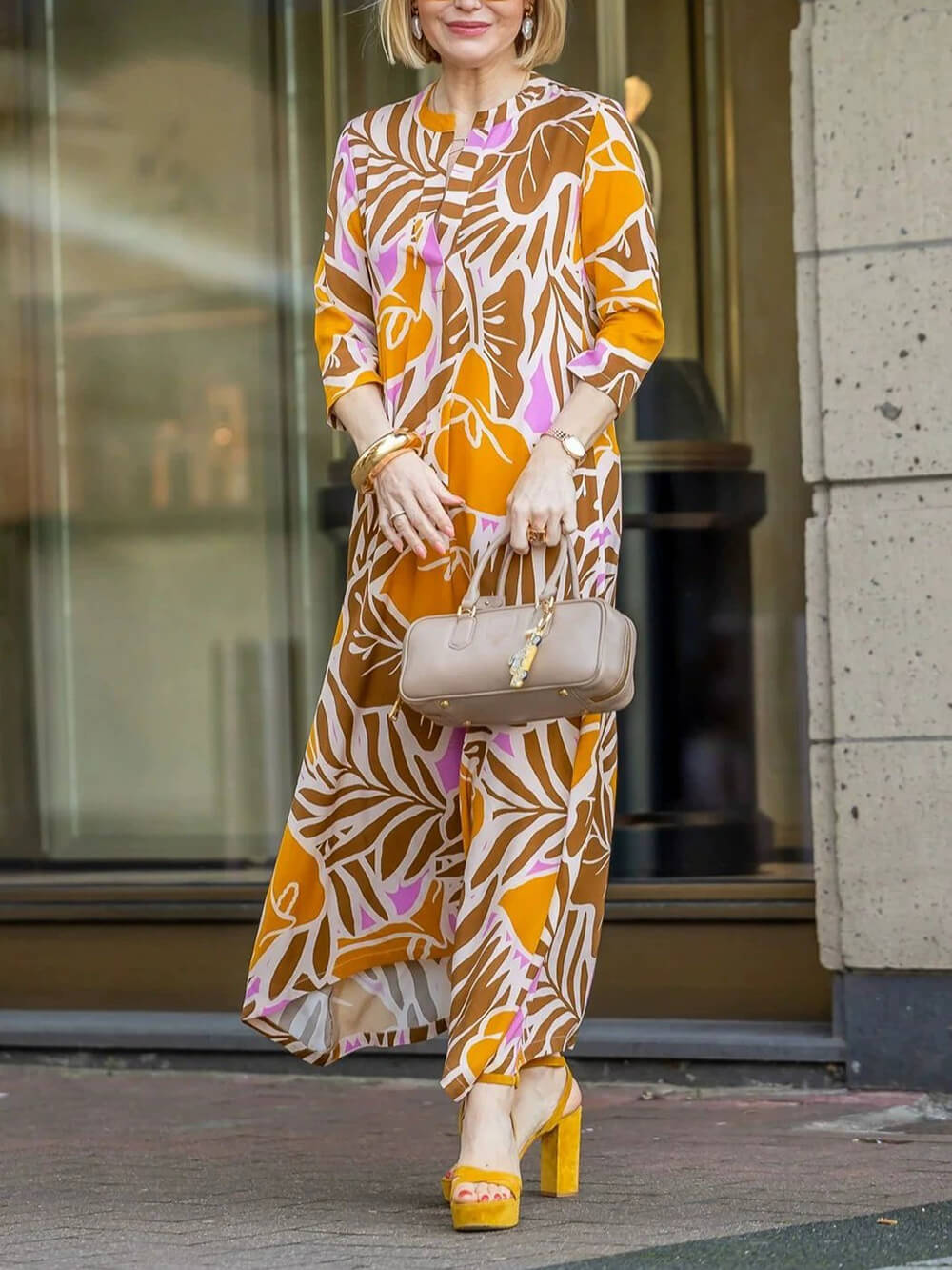 Casual Effortless V-Neck Printed Vacation Maxi Dress Orange