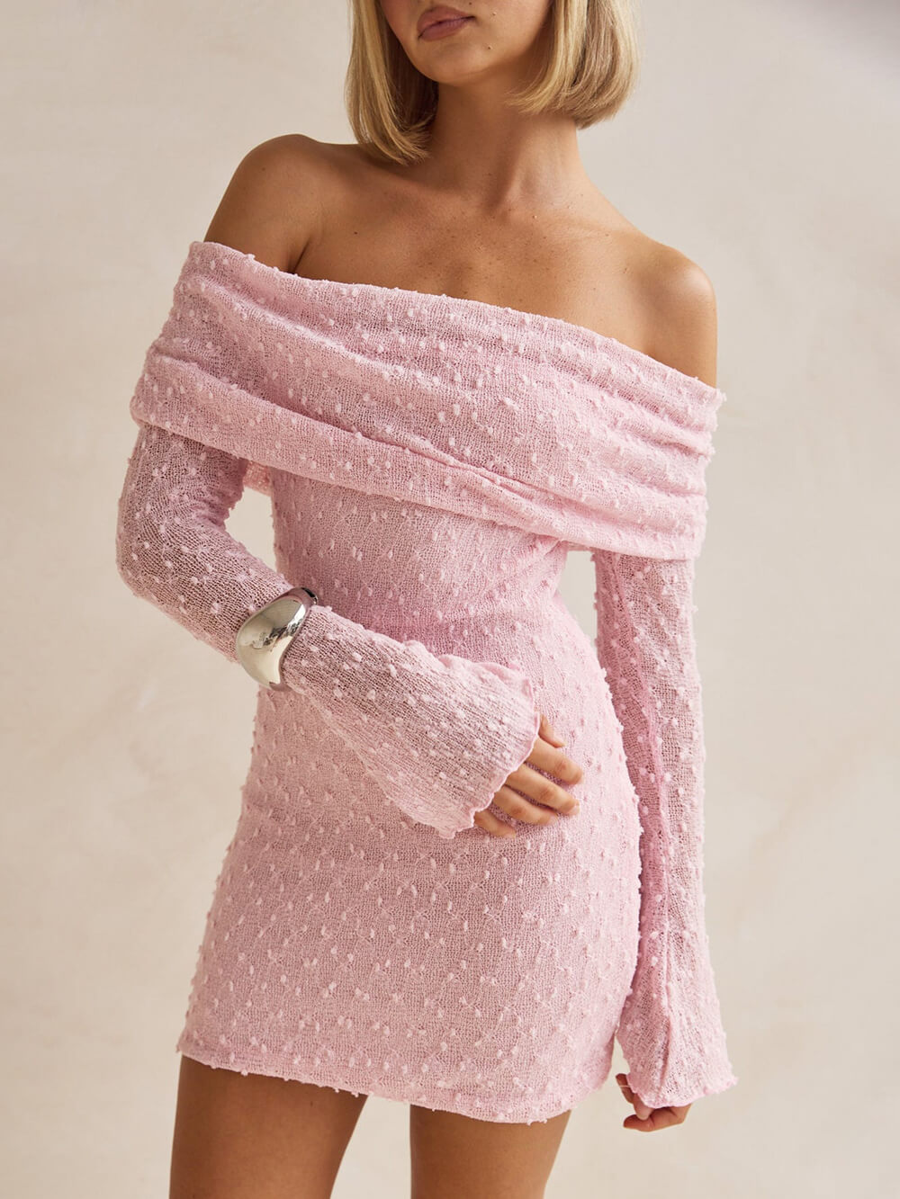 Summer Boucle Knit Off-The-Shoulder Neckline Prom Mini Dress Pink