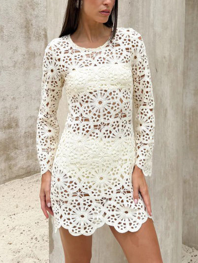 Casual Embroidered Hollow-Out Mini Dress White