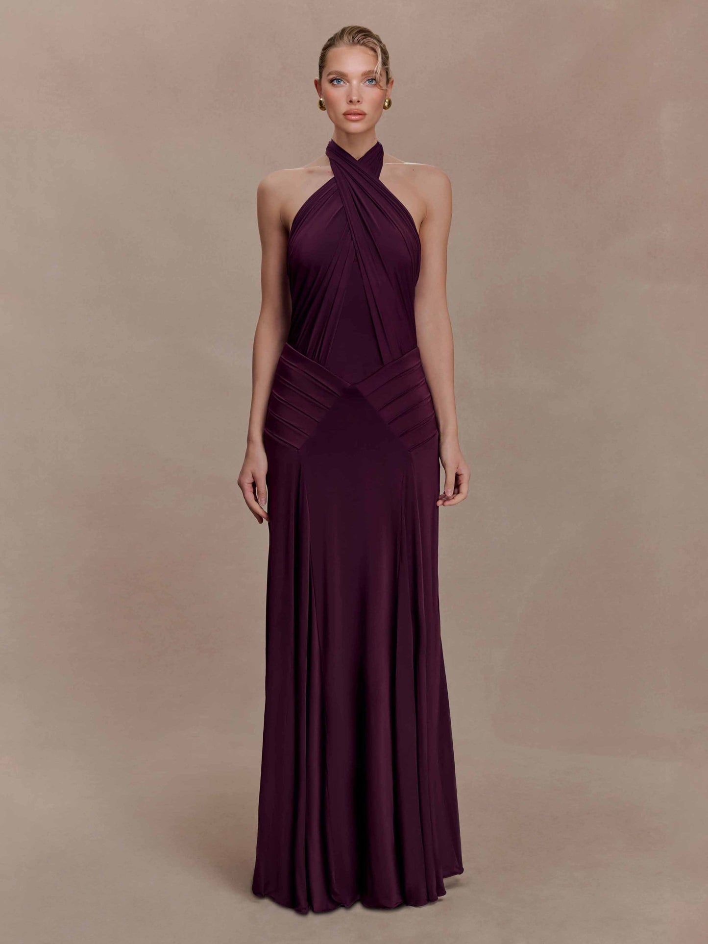 Elegant Pleated Fitted Backless Maxi Dress Purple