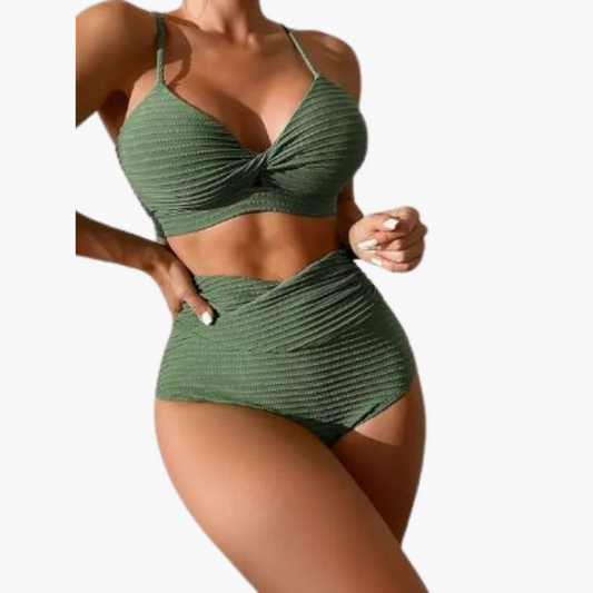 High Waist Bikini Set - Women’s Textured Ruched Two Piece Green