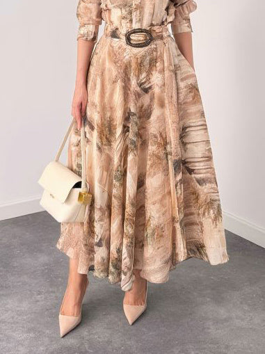 Retro Beige Abstract Print Two-Piece Set Beige Shirt