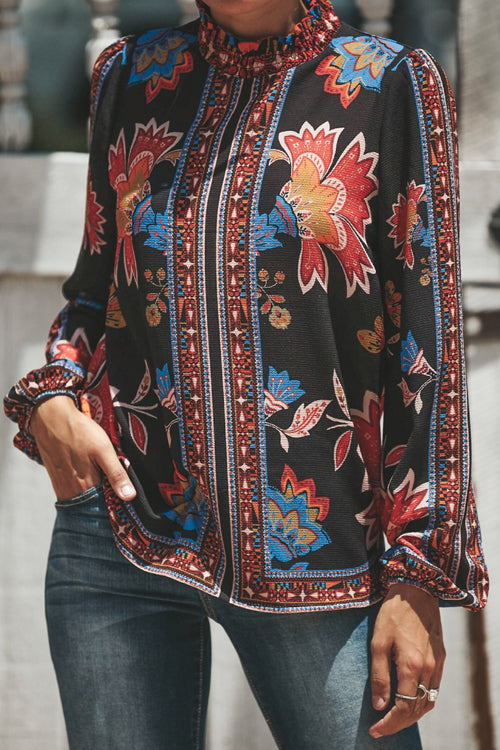 Love Always Print Smocked Long Sleeve Top Black