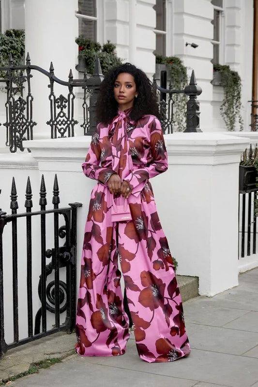 Unique Floral Print Loose High-Waist Wide-Leg Pants