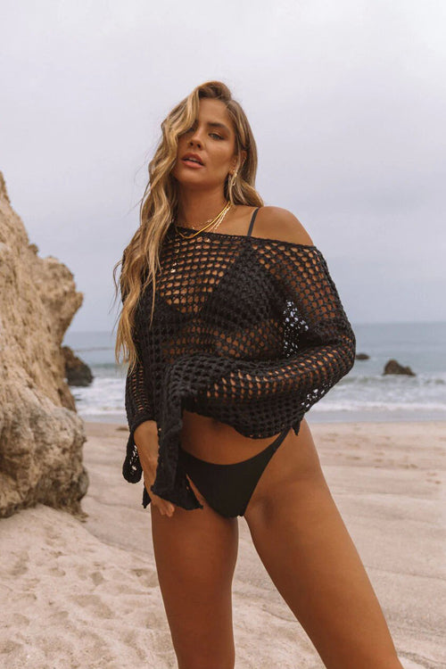 Summer Sass Hollow-Out Knit Beach Cover-Ups Black