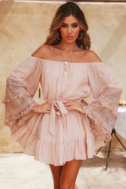 Tassel Lace Tie-waist Wrap Dress - 3 Colors Pink