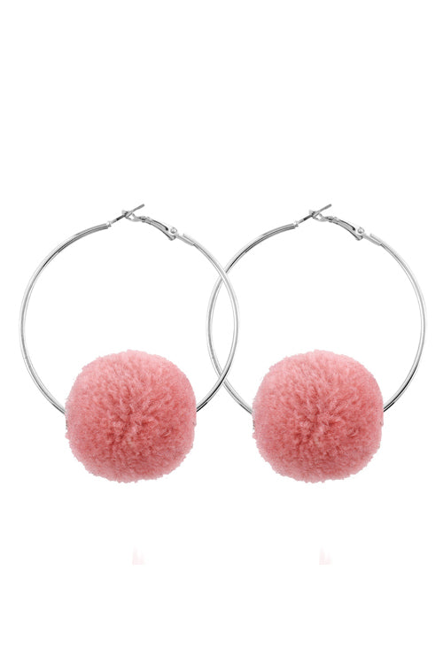 Hoop Fluffy Ball Earrings Pink