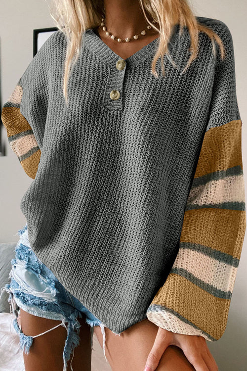 Cozy Love Striped Button Up Knit Sweater - 3 Colors Grey