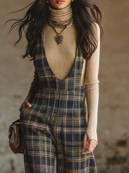 Casual Retro Plaid Wide-leg Overalls Apricot