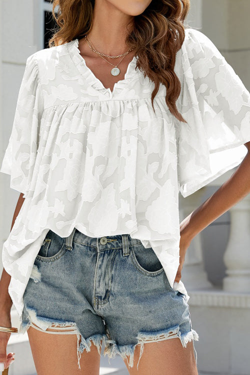 A Chance For Love Floral Jacquard Short Sleeve Top - 7 Colors White