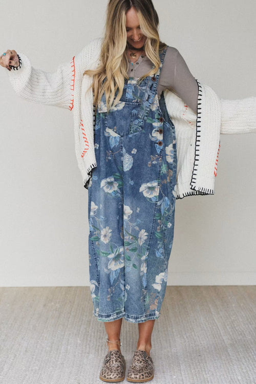 Blushing Beauty Print Denim Sleeveless Jumpsuit