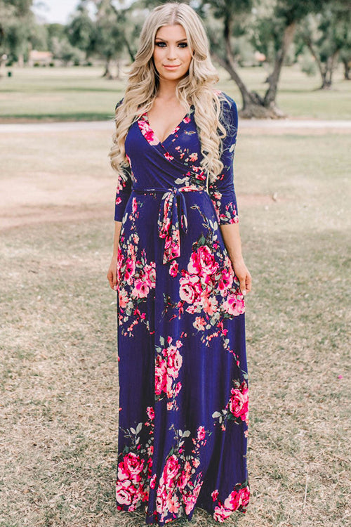 V-neck Floral Print Wrap Dress - 2 Colors Navy Blue