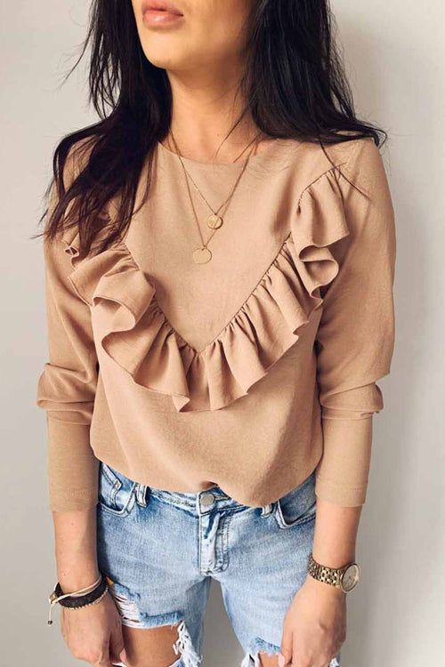 Coastline Ruffle Shoulder Long Sleeve Shirt - 3 Colors Khaki