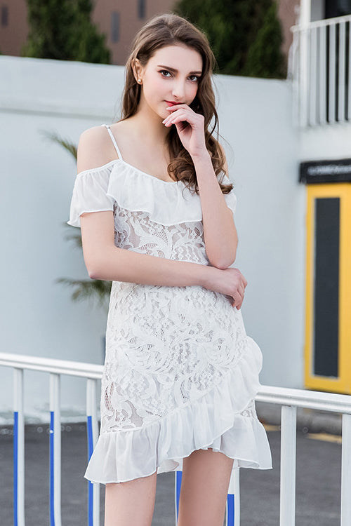 Lace Ruffle Hem Wrap Mini Dress - 3 Colors White