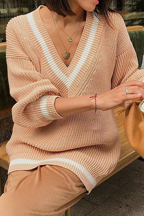 School Days V-Neck Knit Sweater - 2 Colors Khaki